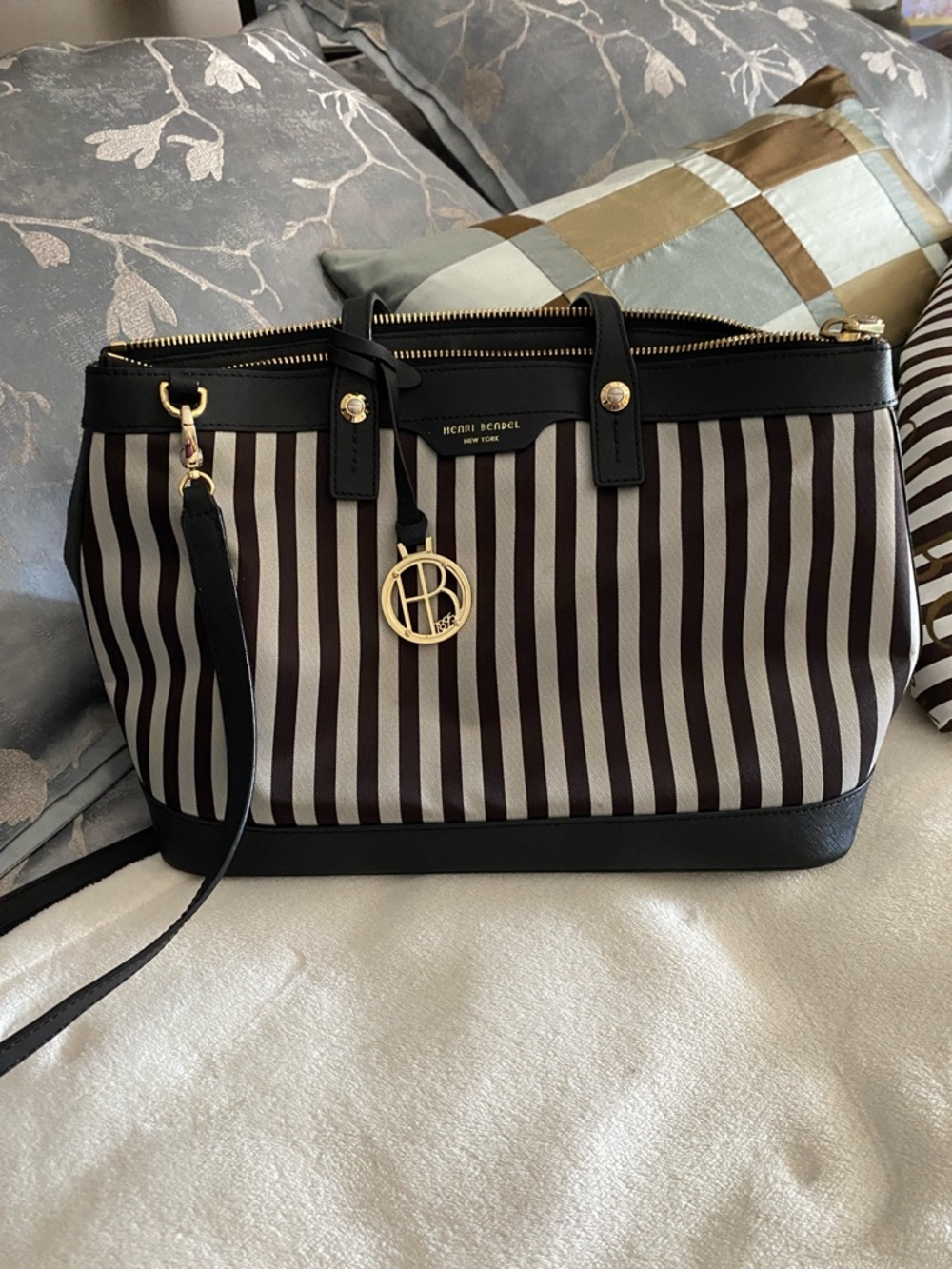 Henri Bendel Black & Cream Striped Satchel with Gold Charm